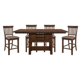 Dark Brown Finish 5pc Dining Set Storage Base Counter Height Table and 4 Counter Height Chairs Set Extension Leaf Drawers Wine Rack Table Base Wooden